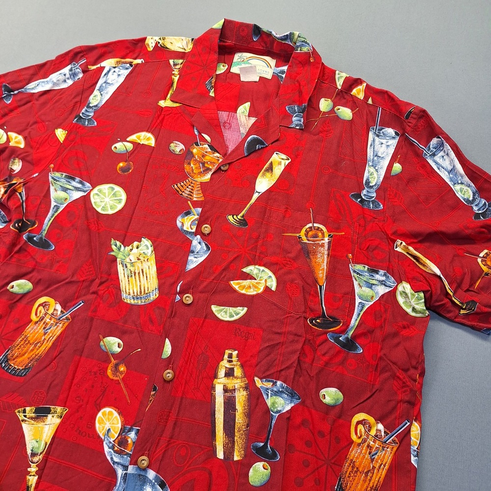 Paradise Found Mens Red Cocktail Martini Print Aloha Hawaiian Shirt Rayon Large